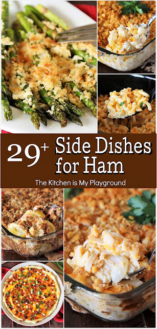 29+ Side Dishes to Pair Perfectly with Ham ~ From flavorful potato dishes, to classic veggie sides, to favorite comfort food casseroles, so many things go just beautifully with ham! Check out this collection for loads of tasty inspiration for your next ham dinner. www.thekitchenismyplayground.com