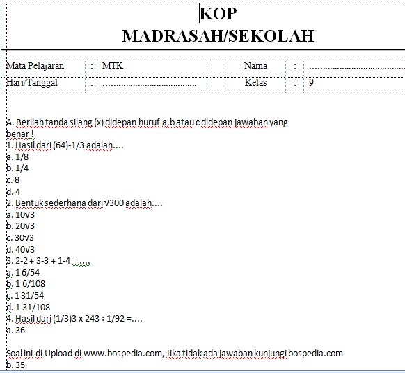 soal uts pts matematika kelas 9 semester 1 kurikulum 2013