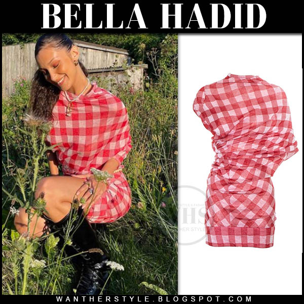 Bella Hadid in red check mini dress and black boots