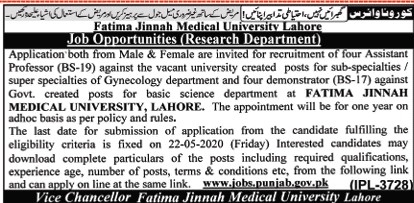 Fatima Jinnah medical University Jobs