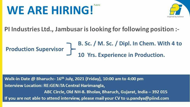 Job Availables, PI Industries Ltd Walk In Interview For Diploma Chemical/ BSc/ MSc - Production Department