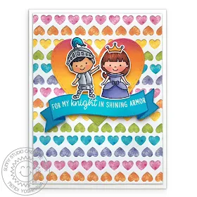 Sunny Studio Blog: For My Knight In Shining Armor Princess Card with Rainbow Heart Background (using Enchanted & Banner Basics Stamps, Heartstrings Border Dies, Stitched Heart Dies and Spring Fling Paper)