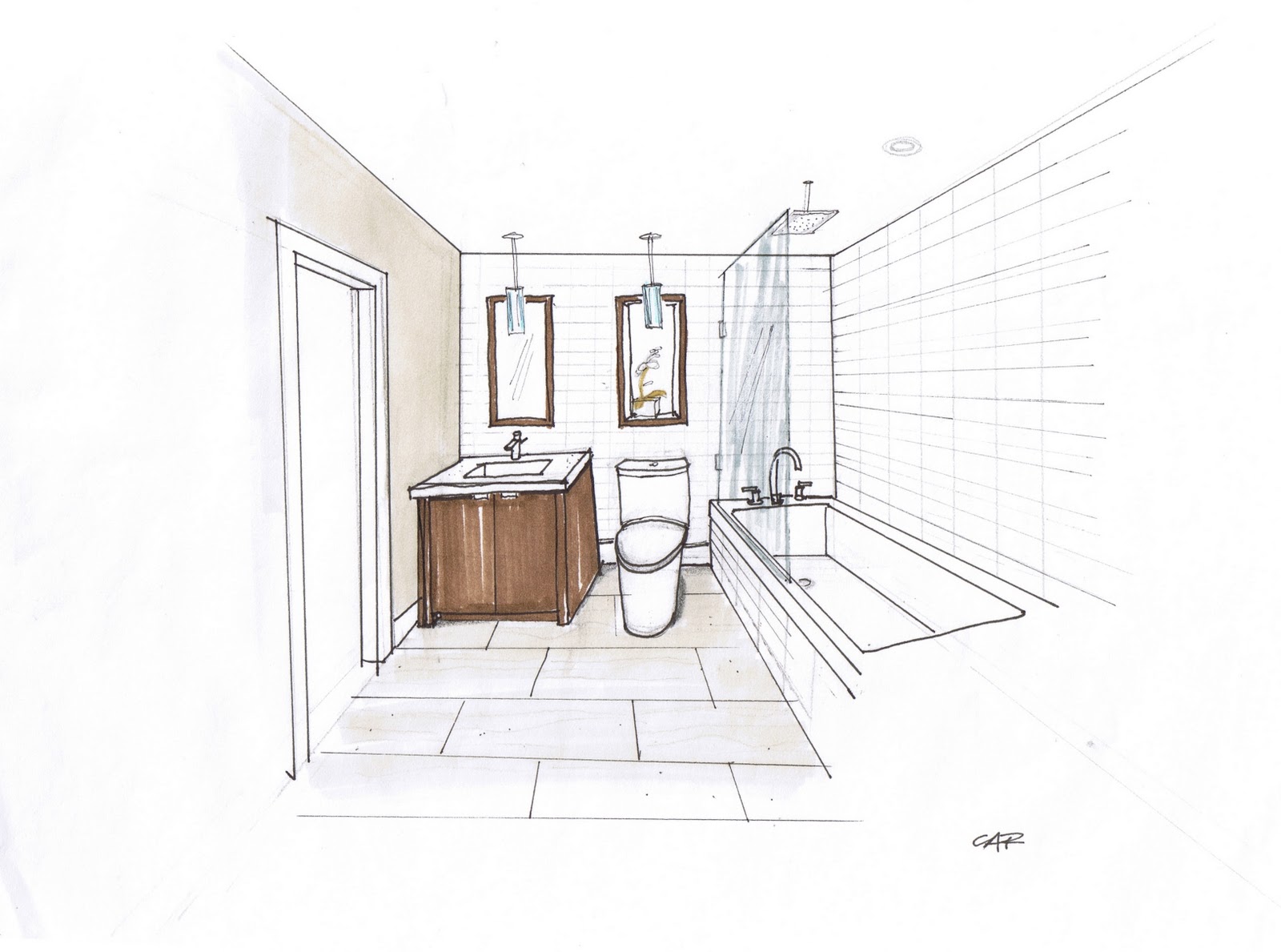 Guest Bathroom design and rendering by Carol Reed Interior Design.