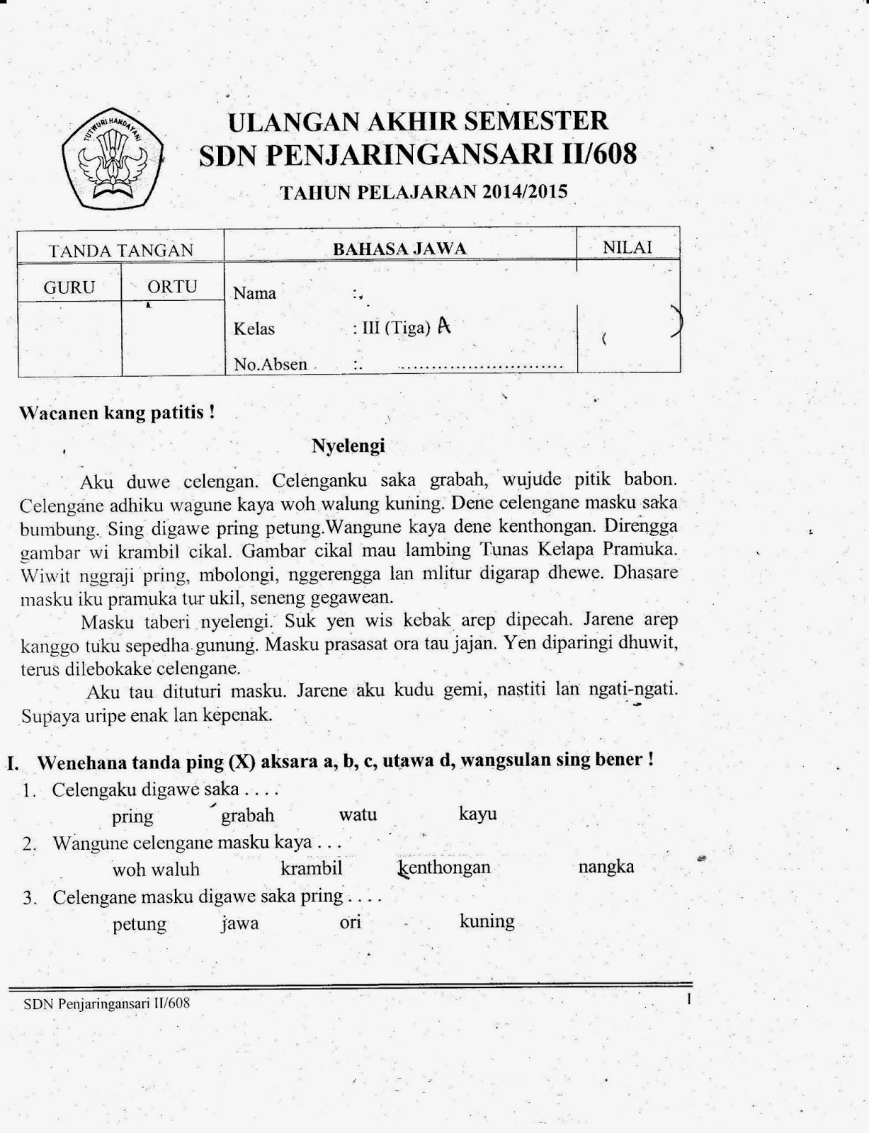 UAS Semester Ganjil Bahasa Jawa Kelas 3 SD TA 2014 2015