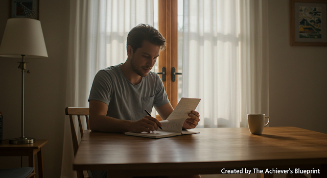 A man reviews a daily to-do list in a calm, sunlit room, building self-trust through consistent habits.