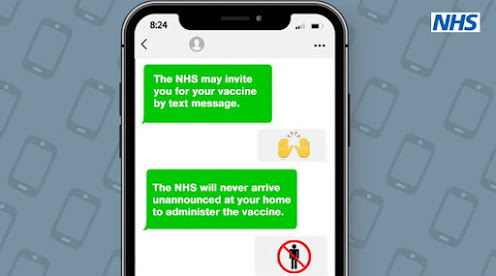 Image of phone screen with text explaining the NHS won't randomly turn up to vaccinate you