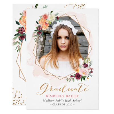  Beautiful Floral Gold Frame Photo Graduation Party Invitation