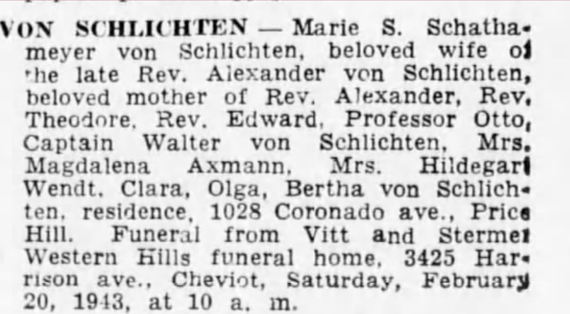 black and white newsprint image of Obituary in the Cincinnati Enquirer, February 1943, for Marie Schathameyer Von Schlichten