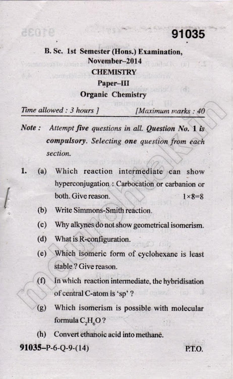 Download Organic Chemistry - November 2014 Question paper - bsc hons chemistry 1st sem paper 3 - for free