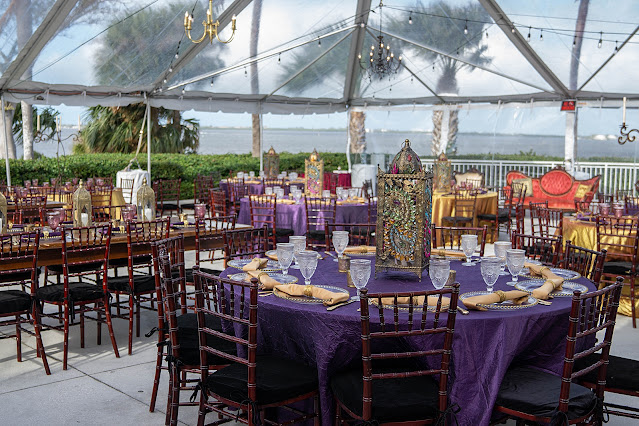 Colorful Jewel tone outdoor reception at Mansion at Tuckahoe in Jensen Beach, FL