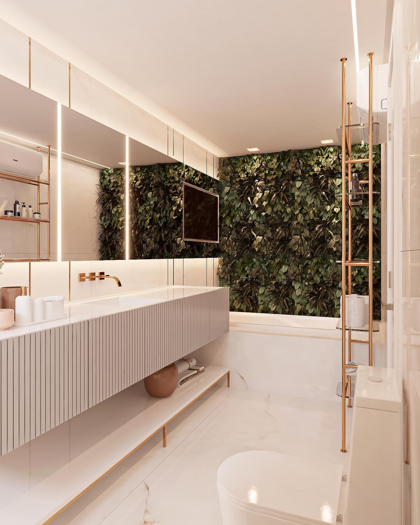 Banheiro contemporâneo branco e dourado com filetes jardim vertical e banheira Decor Salteado