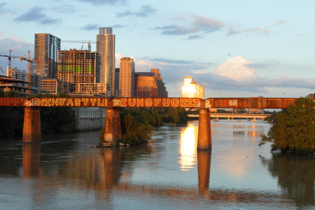 Ladbird Lake and Downtown Austin bathed in golden sunset rays, Austin