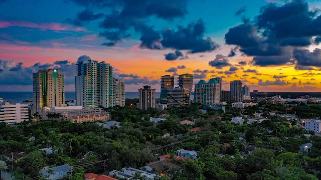 Wallpaper City, Trees, Sunset, Skyscrapers, Buildings, Apartments, Dusk