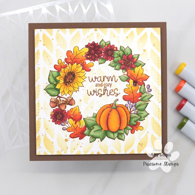 Fall Wreath Stamp Set illustrated by Agota Pop, Chunky Sweater Stencil, Autumn Bliss Sequin Mix by Pawsome Stamps #pawsomestamps #handmade