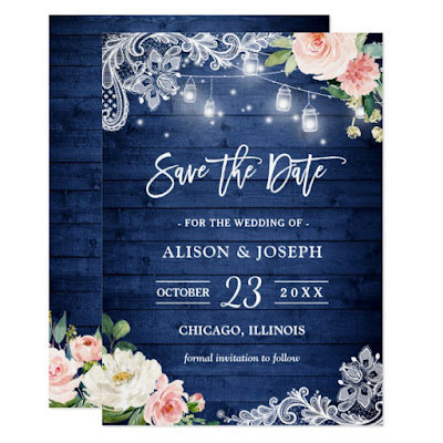  Rustic Blue Mason Jar Lights Floral Save the Date Invitation