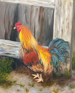 An acrylic painting by Deanna Skokan of a colorful rooster in front of a barn wood background.