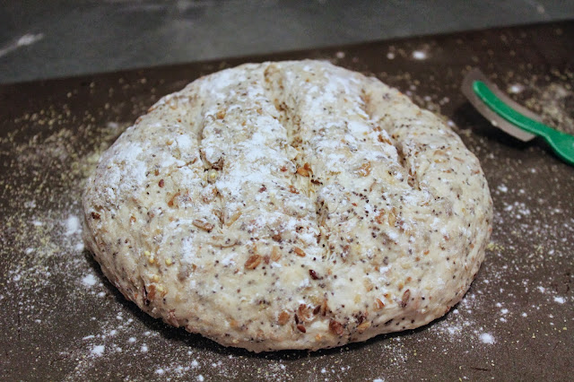 Scored dough for toasted harvest grains bread