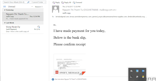 An email with the subject of swift payment and swift copy  pretending to come from  tu@osg.com.vn and vongneak@gmail.com with which is a buffer overflow in word RTF files. a malicious word doc attachment via dropbox.com and mudrakgroup.in is an attempt to exploit