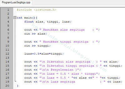 Gambar Source Code Program Menghitung Luas Segitiga pada C++ menggunakan iostream