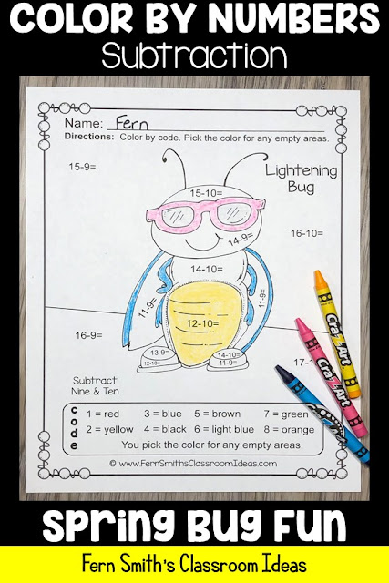 Looking For Some New Spring Subtraction Color By Numbers for Your Class? Color By Numbers Spring Bug Fun Subtraction Resource. FIVE Color By Numbers Subtraction Spring Bug Fun with Numbers - Color By Numbers Printables for some Spring Math Fun in your kindergarten or first grade classroom! #FernSmithsClassroomIdeas