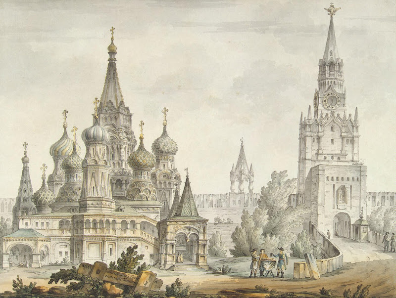 Pokrovsky Cathedral and the Spasskaya Tower in Moscow by Giacomo Quarenghi - Architecture, Cityscape, Landscape Drawings from Hermitage Museum