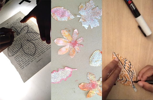 Des feuilles d'automne en papier imprimé Activité manuelle pour les enfants en pages de roman imprimé et peinture - Audrey Janvier