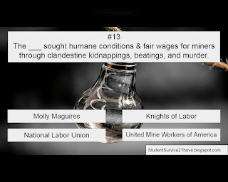 The ___ sought humane conditions & fair wages for miners through clandestine kidnappings, beatings, and murder. Answer choices include: Molly Maguires, Knights of Labor, National Labor Union, United Mine Workers of America