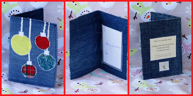 Reusable Christmas Cards made with old jeans and cereal boxes.