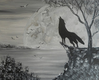  Wolf - Original Acrylic Painting on Canvas Panel in Black and White - 24X30cm