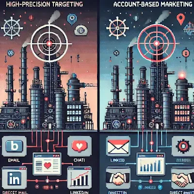 Pixel art of a grey industrial cityscape with a single red-glowing building targeted by a sniper-style scope. Includes smokestacks, gears, and conveyor belts, symbolizing high-precision account targeting in B2B manufacturing.