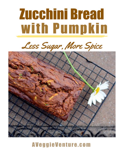 Zucchini Bread with Pumpkin, a season-crossing quick bread ♥ AVeggieVenture.com, part zucchini bread, part pumpkin bread, part spice cake. After a healthy makeover, Half the Calories. Great for Make-Ahead & Food Gifts.