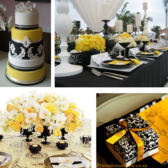 black white silver yellow wedding cake