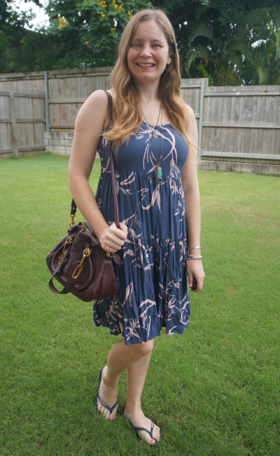 Kmart strappy tiered sundress in watercolour blue and blush print with wine purple Chloe Paraty bag | awayfromblue