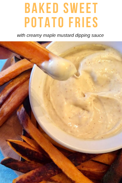 Creamy maple mustard sauce on a sweet potato fry.