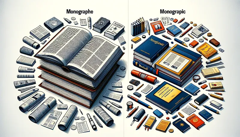 La imagen refleja las diferencias entre una monografía y un número monográfico. A la izquierda, puedes ver la representación de una monografía con su análisis en profundidad, mientras que a la derecha, se representan las variadas contribuciones de un número monográfico.