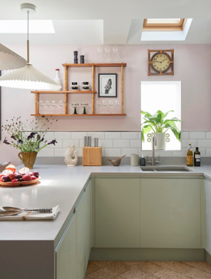 Mint and pink color palette interior design kitchen