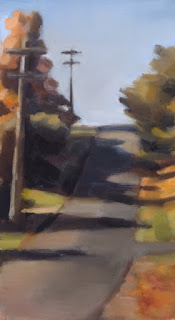 Landscape oil painting of a road with shadows cast by trees and telephone poles beside