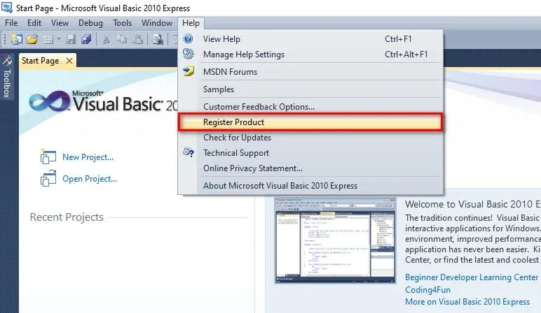 خطوات تفعيل برنامج Visual Basic.Net 2010