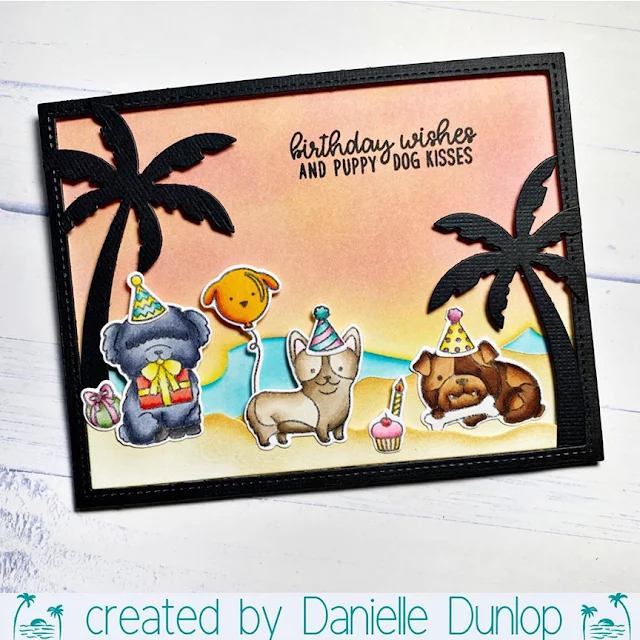 Sunny Studio Stamps: Party Pups & Tropical Trees Backdrop Dies Customer Card by Danielle Dunlop