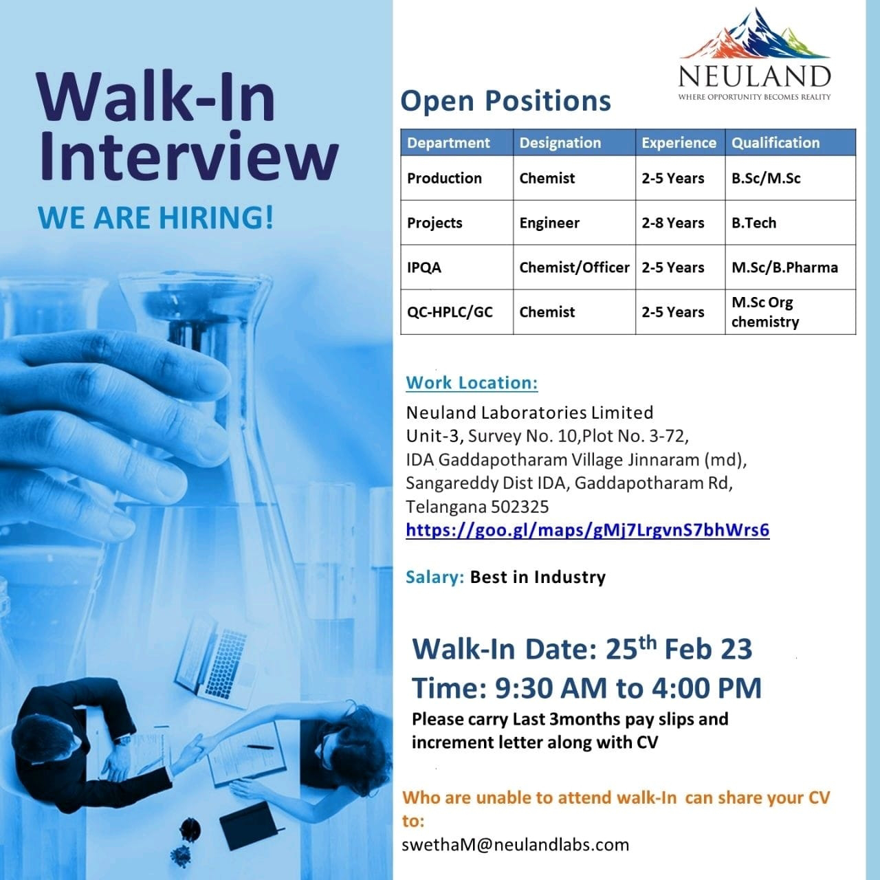 Job Availables, Neuland Laboratories Ltd Walk In Interview For Production/ Project/ IPQA/ QC Department