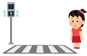 横断歩道と信号機と歩行者のイラスト（女の子・点滅青信号1）