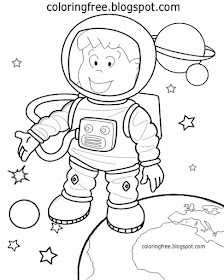 Free fun artwork simple solar system cartoon spaceman astronaut coloring picture for preschool kids