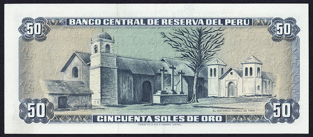 Peru money currency 50 Soles de Oro banknote 1975 Historic town of Tinta