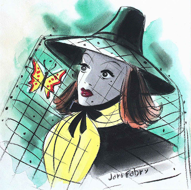 a 1940s Jaro Fabry illustration of a butterfly trapped inside a woman's hat netting