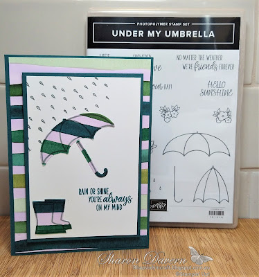 Rhapsody in Craft, Pretty Peacock, Under My Umbrella, Umbrella Builder Punch, Forever Greenery DSP, Stampin Blends, Stampin Up, #colourcreationsshowcase, Friendship card, Annual Cataloge 2021