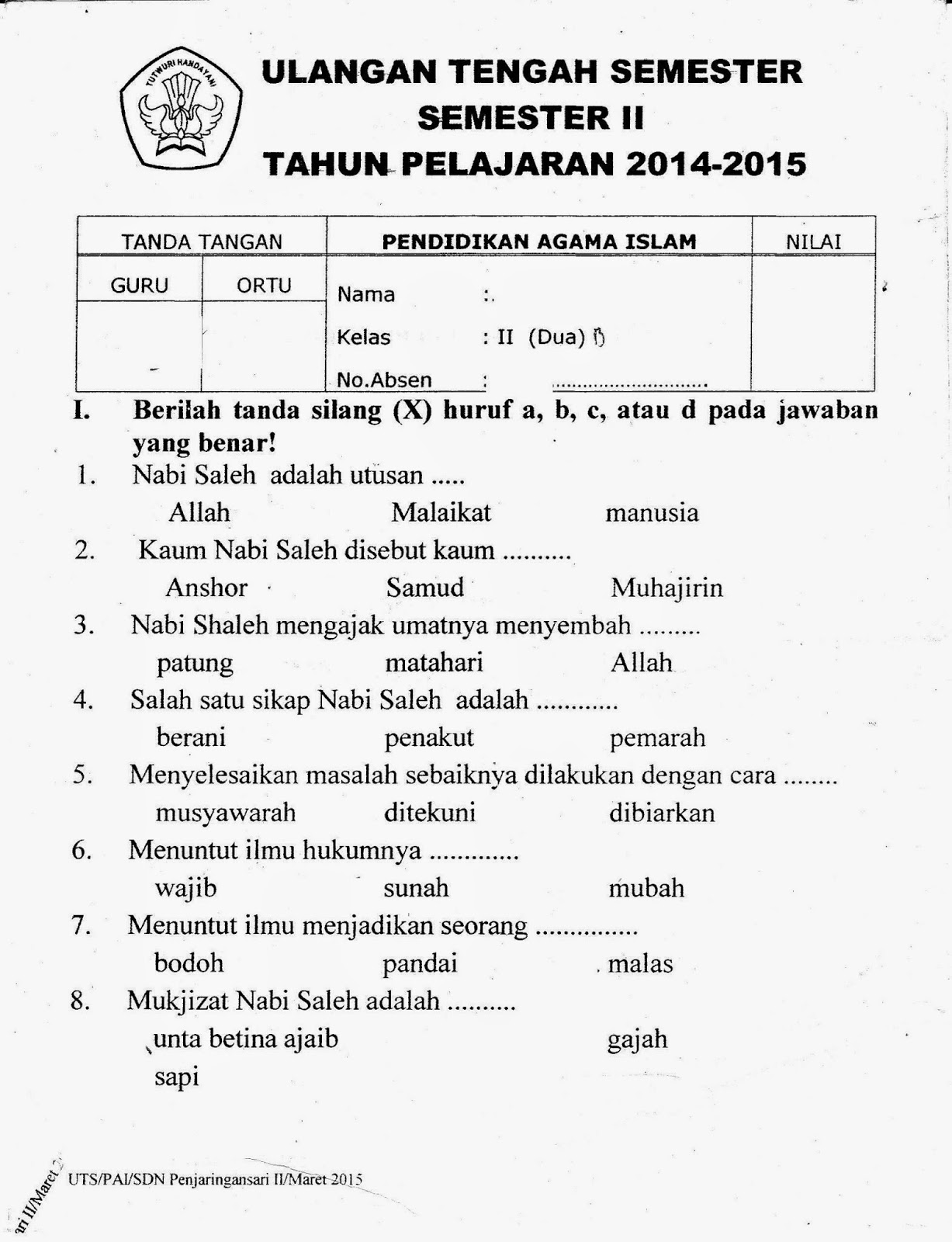 UTS Agama Islam Kelas 2 SD Semester Genap TA 2014 2015 Kurikulum 2013