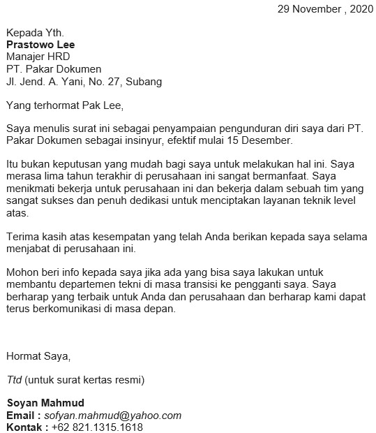 Contoh Surat Resign Dalam Bahasa English