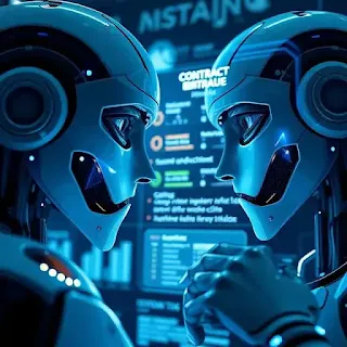 Futuristic AI robots interacting with a live blockchain contract adjusting payouts based on real-time data.