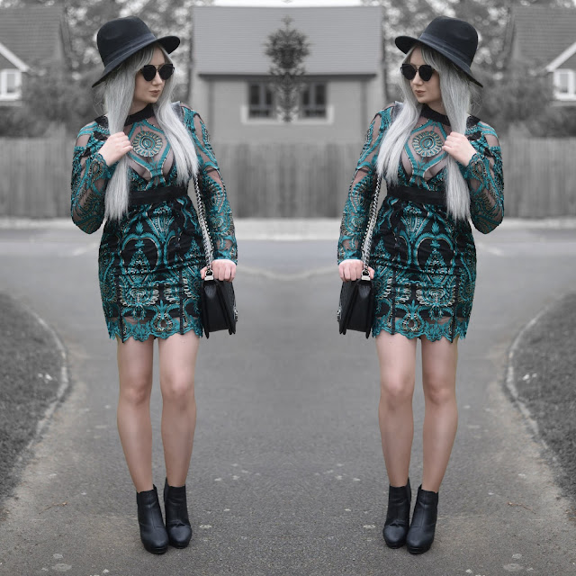 Sammi Jackson - Primark Black Fedora / Zaful Sunglasses / IVRose Teal Sequin Dress / OASAP Quilted Flap Bag / Office Chunky Ankle Boots
