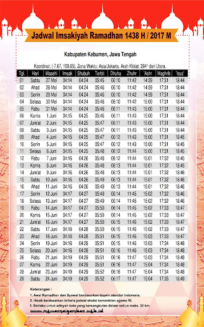 Jadwal Imsakiyah Kebumen 2017 M 1438 H